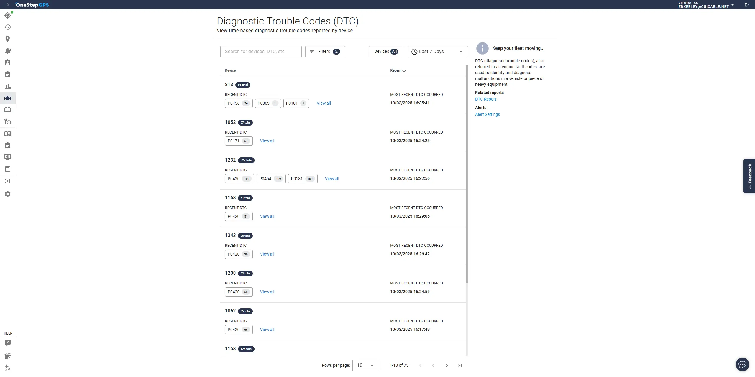 One Step GPS UI showing diagnostic trouble codes