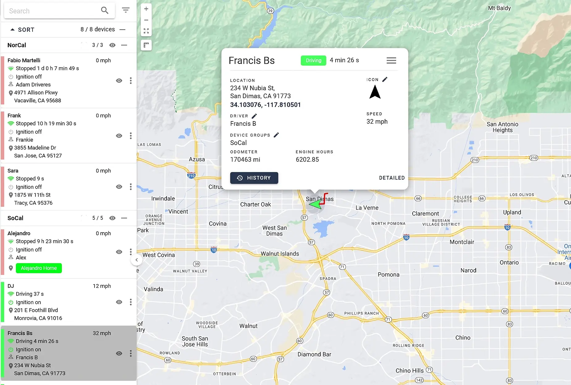 Map UI showing a device location in real-time