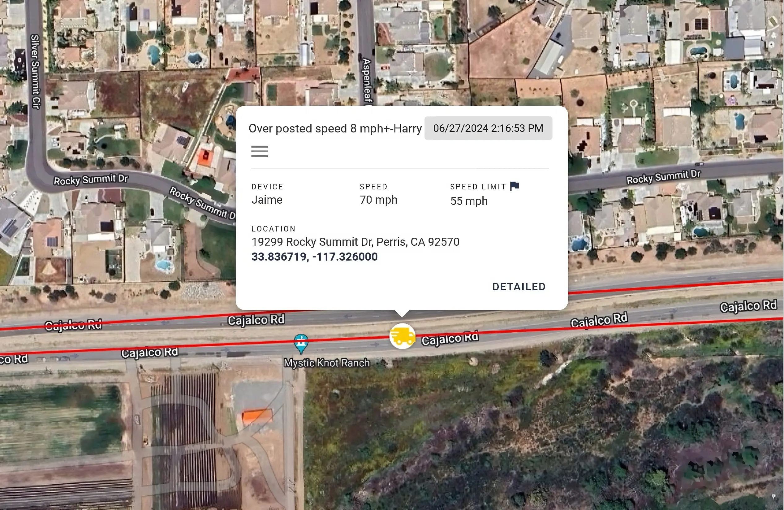 Map UI showing a over-speeding event in real-time
